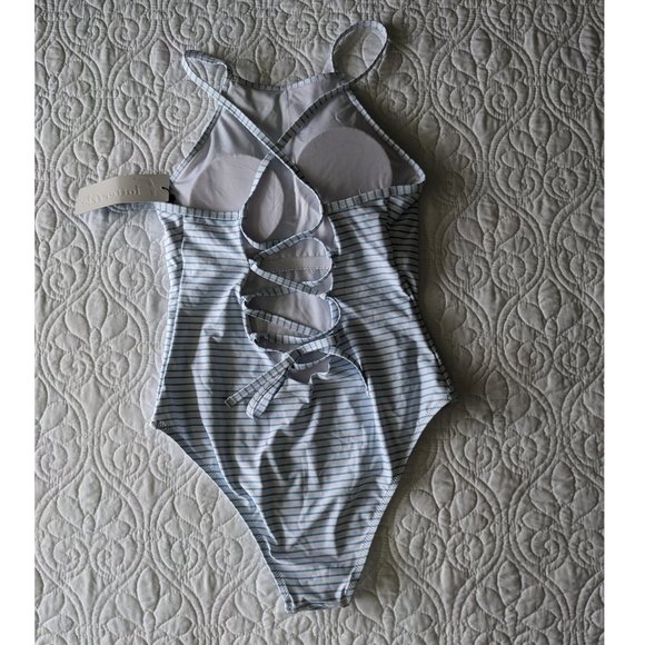 Blue White Criss Cross Lace Up Tie Back One-piece Swimsuit Flatter Me BOHO Small - Picture 7 of 11